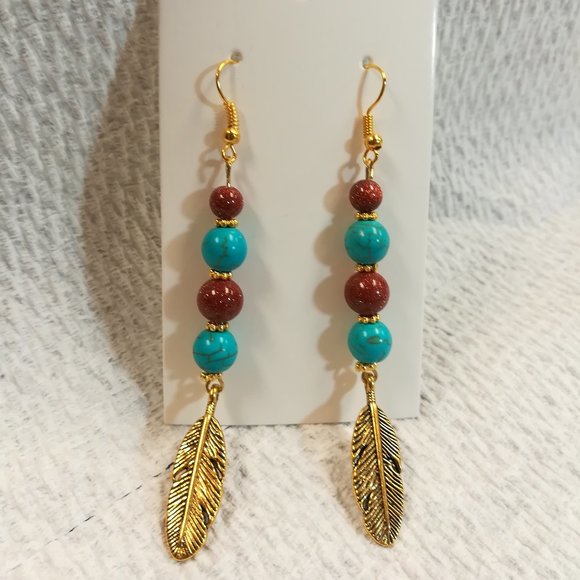 Gold Sandstone and Faux Turquoise Dangle Earrings with Antique Gold Feather - Picture 4 of 7